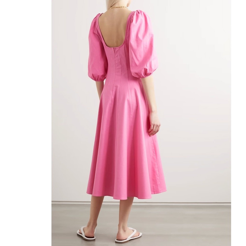 STAUD Swells Dress 16 Midi Puff Sleeve Cotton Poplin Wild Orchid Wedding FLAW - Picture 2 of 16